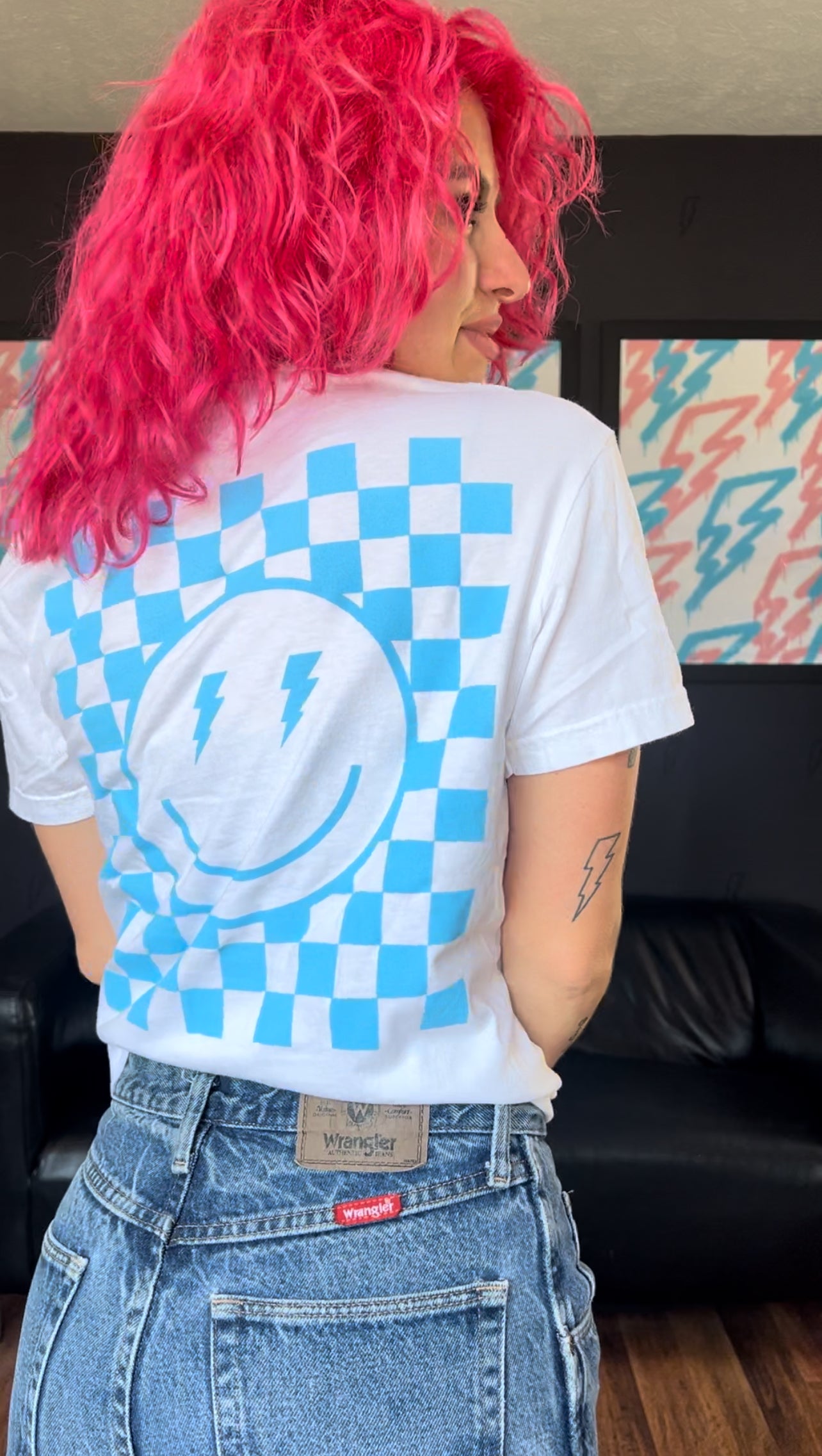 White/Blue Checkered Smiley Tee