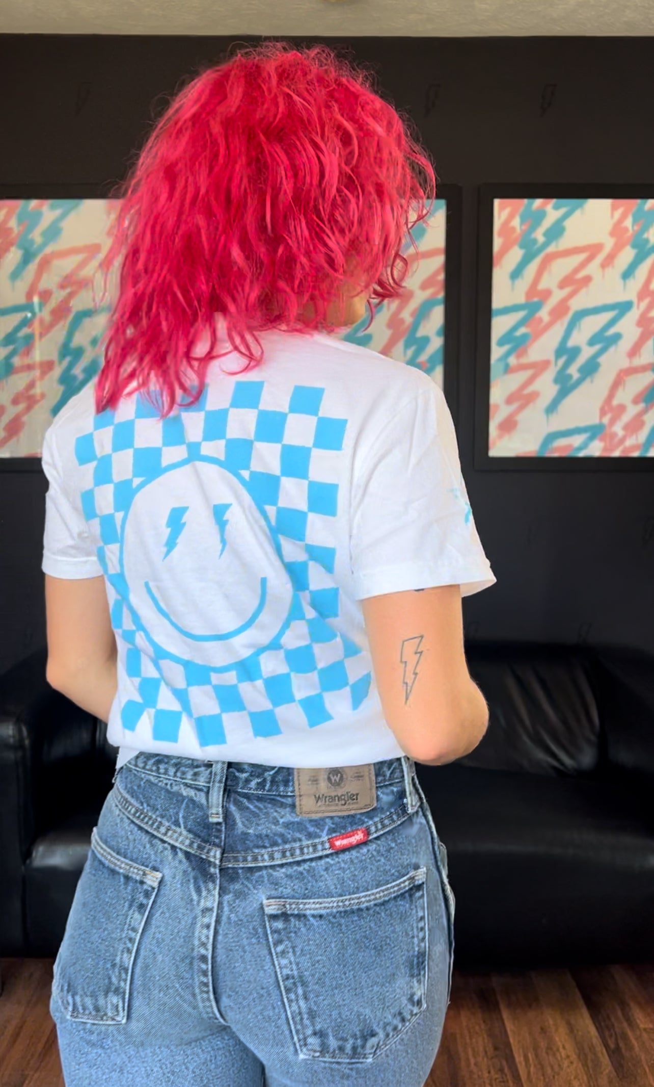 White/Blue Checkered Smiley Tee